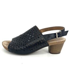 Josef‎ Seibel Black Perforated Leather Slingback Open Toe Heeled Sandals US 8.5